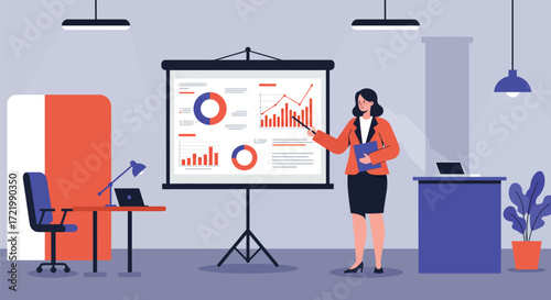 Business presentation illustration with graphs charts and professional woman