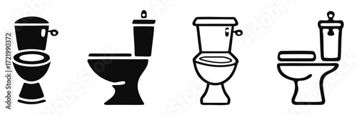 Toilet icon set. Bathroom and restroom sign. Hygiene, sanitation, and plumbing symbol. Flush, seat, and water closet pictogram. Public facility and home utility illustration.