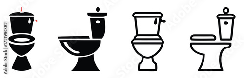 Toilet icon set. Bathroom and restroom sign. Hygiene, sanitation, and plumbing symbol. Flush, seat, and water closet pictogram. Public facility and home utility illustration.