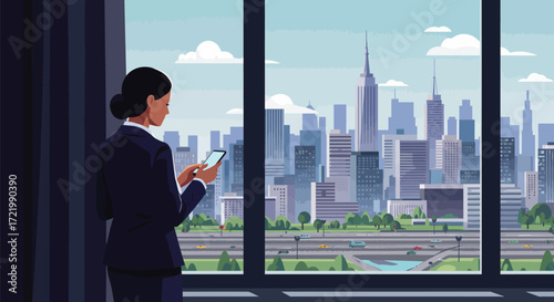 Businesswoman connects through her smartphone overlooking the metropolis view