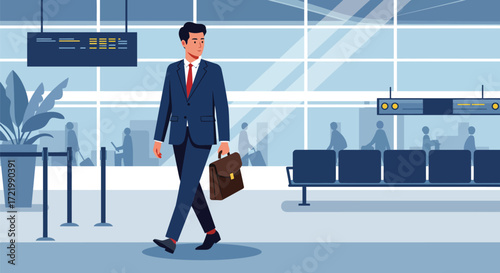 Stylish professional in airport terminal with briefcase, modern vector design