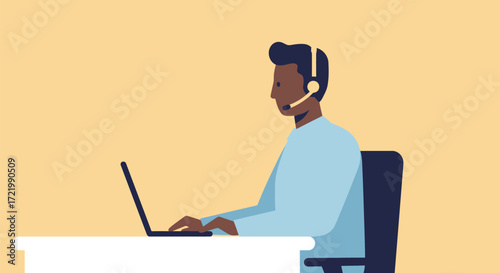 Professional providing customer support with headset at help desk setting