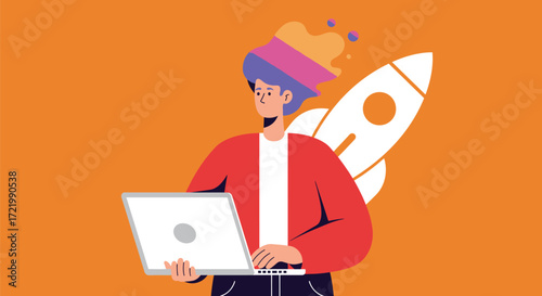 Creative startup illustration with young entrepreneur and rocket icon