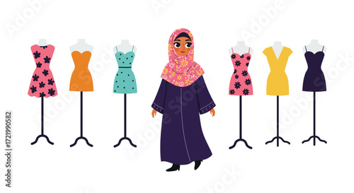 Diversity in fashion: a hijab-wearing woman amid mannequins in dresses
