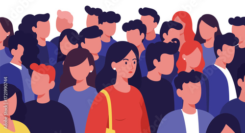 Serene woman amidst blurred crowd: Conceptual representation of focus and awareness