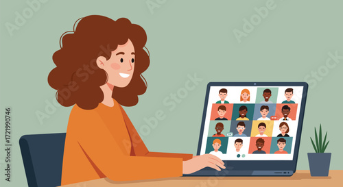 Professional attends virtual team meeting on laptop, flat vector illustration
