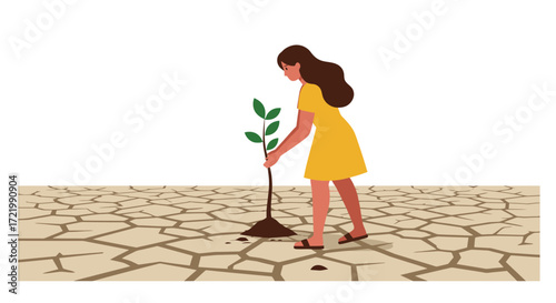 Hope for Earth: Young woman plants sapling in arid, drought-stricken landscape