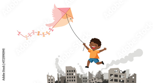 Hopeful future: Child flying a dove kite over a war-torn city illustration