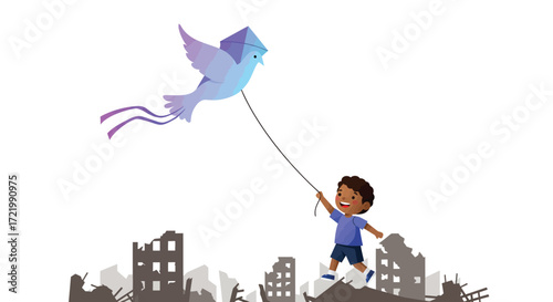Hope soaring: Child with dove kite above a shattered city skyline design