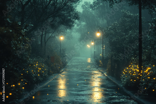 Person holding a red umbrella in a rainy park.