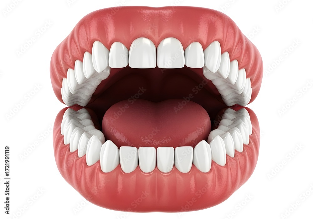 Obraz premium A detailed view of an open mouth with white teeth, pink gums, and a visible tongue on white background
