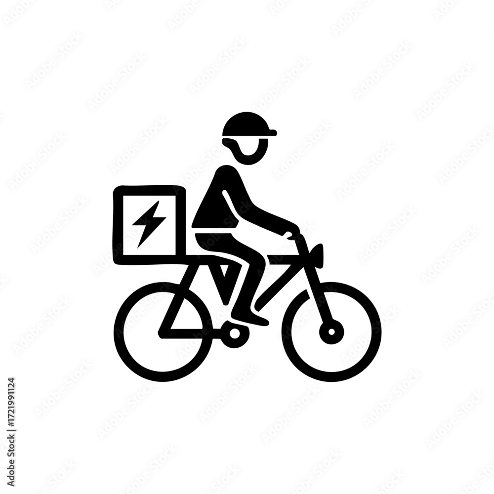 Fototapeta premium A courier riding a bicycle with an electric delivery box, representing fast eco-friendly urban logistics and sustainable food delivery services.
