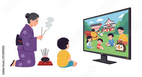 Generational culture: Elderly incense offering, child watches animated cartoons
