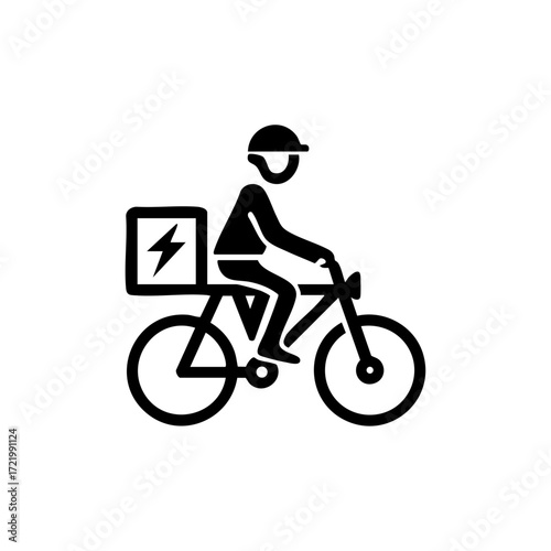 A courier riding a bicycle with an electric delivery box, representing fast eco-friendly urban logistics and sustainable food delivery services.
