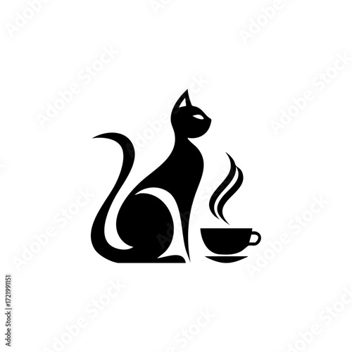 A cat sitting beside a steaming coffee cup, representing cozy café culture, relaxation, and feline companionship.