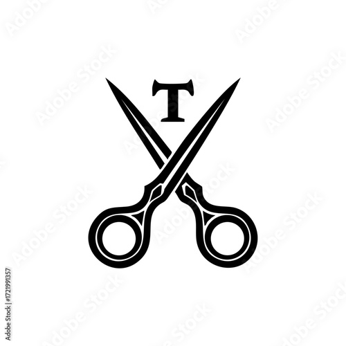 Crossed scissors with letter T symbolizing tailoring, alterations, and fashion craftsmanship.
