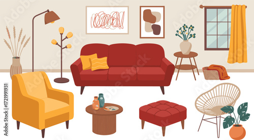 mid-century modern living room, cozy interior, red sofa, warm tones, stylish decor, plants, furniture, art