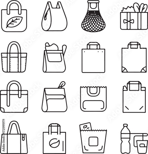A set of twenty four line art eco shopping bag icons with transparent background eco bag reusable bag