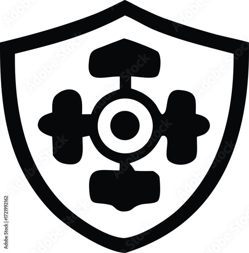 Distinctive shield emblem with central circular design and four intersecting armatures symbolizing strength and protection