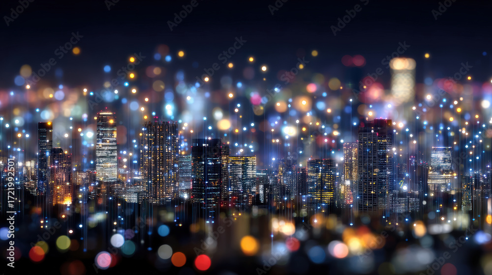 Fototapeta premium Vibrant city skyline illuminated at night, featuring blend of colorful lights and bokeh effect that creates dreamy atmosphere. scene captures essence of urban life and energy
