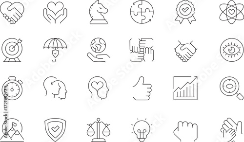 Core Values Editable Line Icons Core Values related icon collections. Containing Integrity, Trust, Respect, Responsibility, Honesty, Loyalty, Commitment, Excellence, Leadership, and Teamwork. Editable