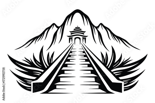 Asian Pagoda on Mountain with Staircase on White Background Silhouette Style