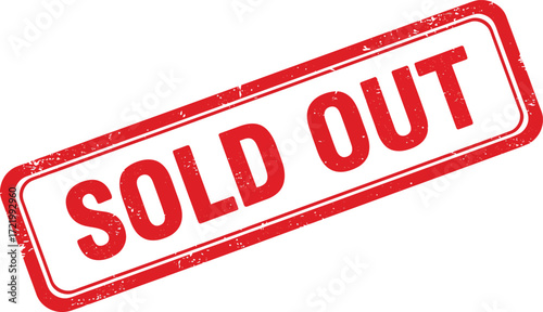 Red sold out stamp graphic with textured border clearly indicates item is no longer available isolated on transparent background
