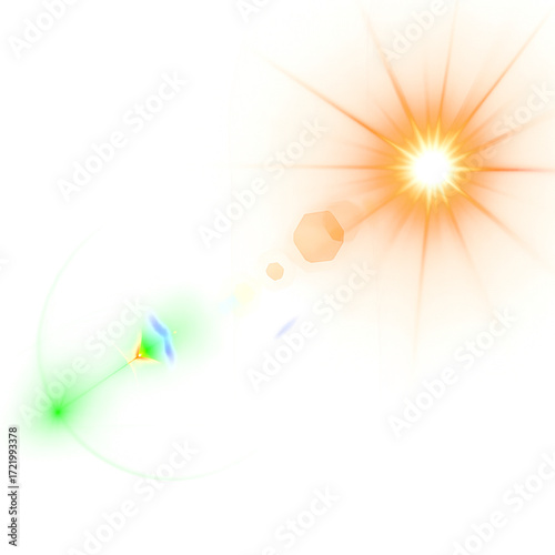 Bright sun flare with lens flare effects isolated on transparent background
