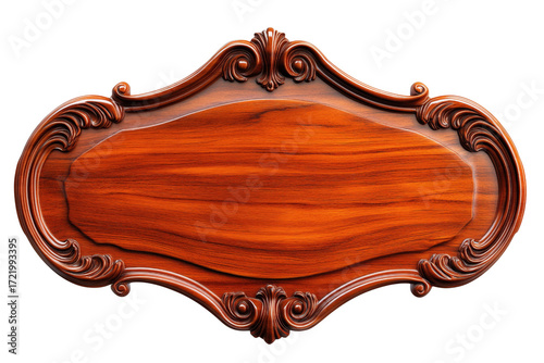 Ornate wooden sign with detailed carvings and elegant design on transparent background