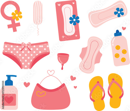 feminine hygiene, menstrual products, period care, sanitary pad, tampon, menstrual cup, self-care, wellness, illustration