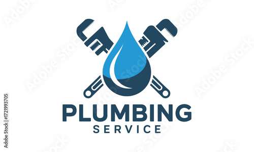 Professional plumbing service logo with water drop and wrenches for business branding
