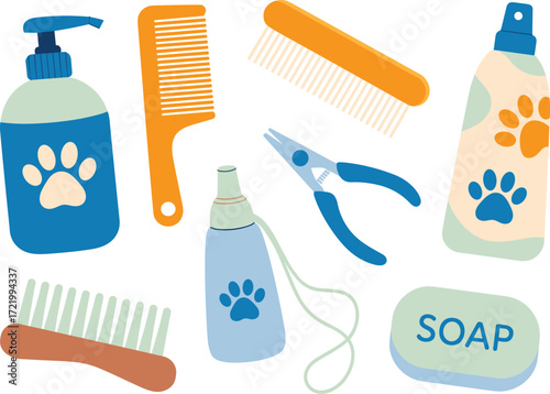 Pet grooming supplies, dog shampoo, nail clippers, brushes, soap, veterinary care vector illustration