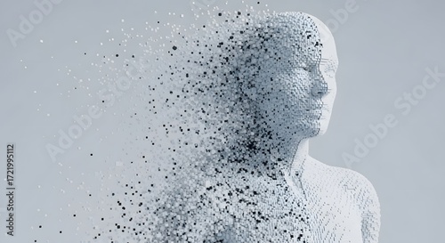 Abstract figure disintegrating into small cubes against a light gray studio background view