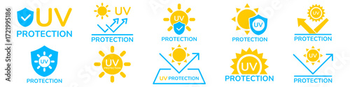 UV protection icon set. UV radiation icon. Ultraviolet symbol. Sun uv protection icons. Vector pictogram of sunscreen spf. Skincare illustration, sign for cosmetics packaging
