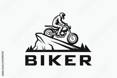 Biker Logo Design with Mountain and Motorcycle Silhouette on White Background