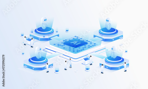 Artificial intelligence chip isometric vector illustration. Ai lab development technology concept, Robotic AI systems.