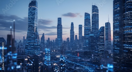 Aerial view of a futuristic cityscape with tall buildings illuminated at dusk under a cloudy sky