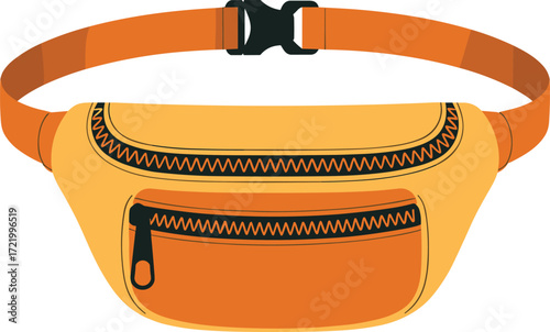 Orange fanny pack with black buckle, waist bag illustration, travel accessory vector graphic design