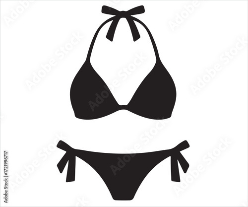 Bikini silhouette illustration, black vector icon of swimwear two-piece clothing representing summer, beach, pool, fashion, vacation, and holiday concept isolated on white background