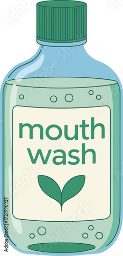 herbal mouthwash bottle, dental hygiene product, green liquid, oral care, fresh breath, natural ingredients