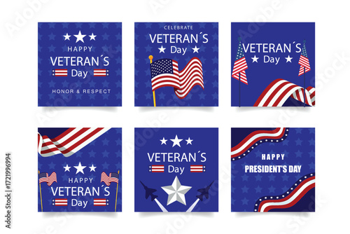 Collection of six veterans day graphic designs with american flags and text