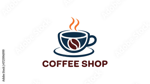 Cozy coffee shop logo with steaming cup and bean emblem for cafe branding