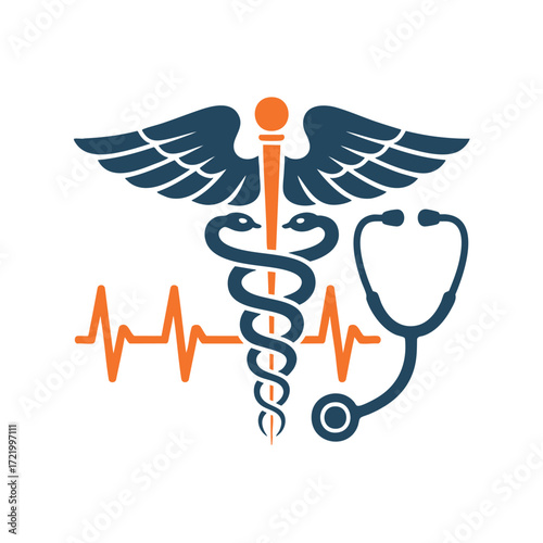 Medical caduceus symbol with stethoscope and heartbeat ekg for healthcare and medicine