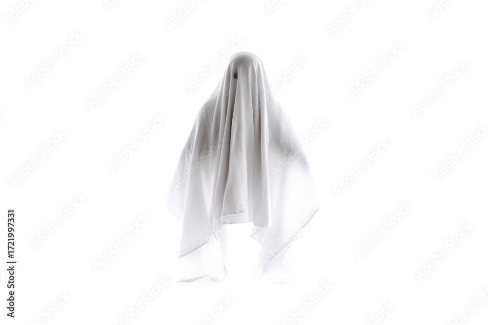Fototapeta premium Halloween Ghost in White Sheet, Isolated on White Transparent Background