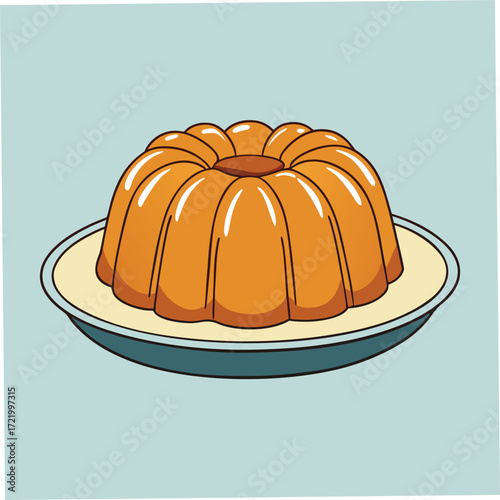 Orange jelly mold on a light blue plate with light blue background jello gelatin