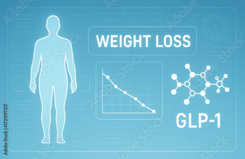Glp 1 drug weight loss side effect infographic showing human silhouette descending chart and molecular structure conveying medical concept and concern