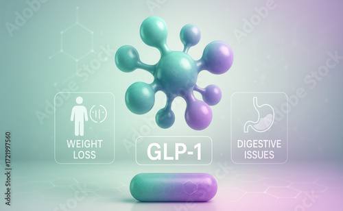 GLP 1 drug weight loss side effect molecule concept showing digestive issues and medication impact