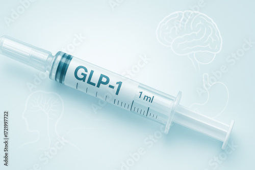 GLP 1 drug syringe concept promoting weight loss and noting potential side effect concern in medical context