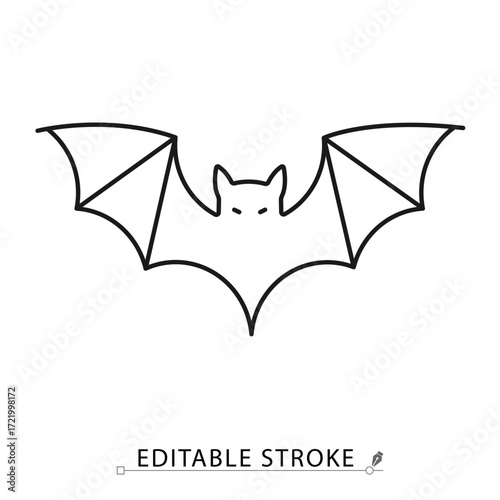 A flying bat icon in a minimalist line style with editable stroke. Halloween animal, scary vampire symbol, spooky nocturnal creature, horror monster, gothic wildlife sign, dark night concept.