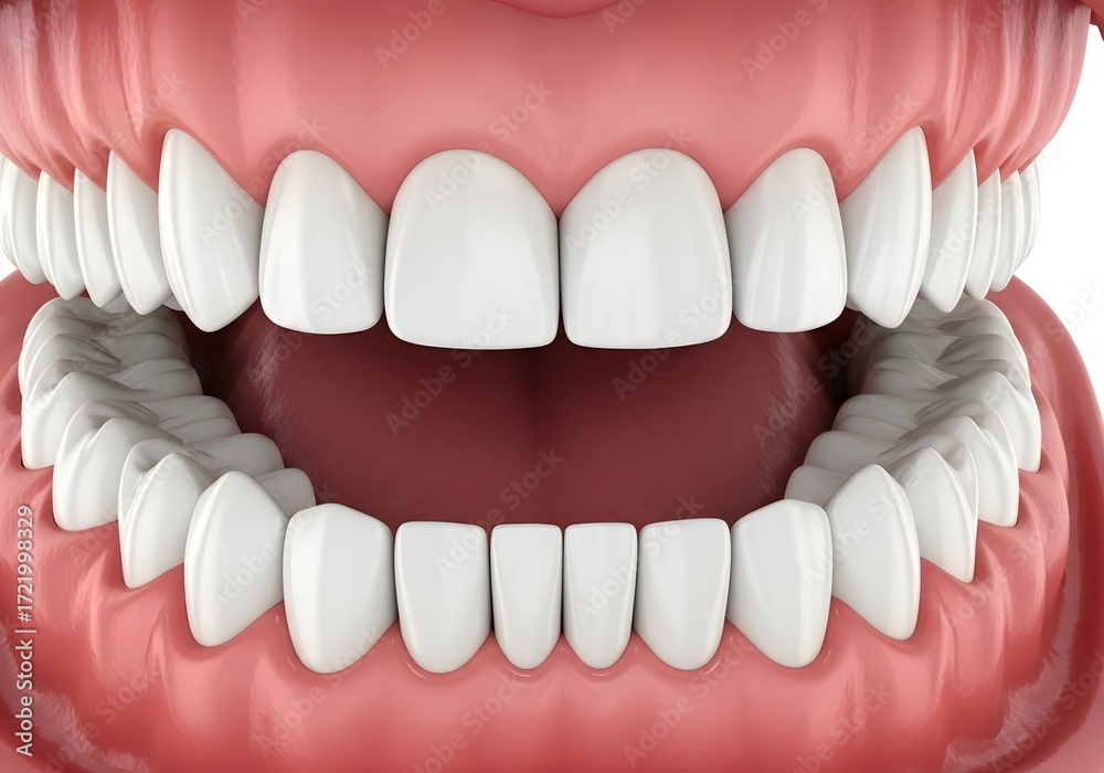 Obraz premium Close up view of an open mouth showing the upper and lower teeth and pink gums in detail